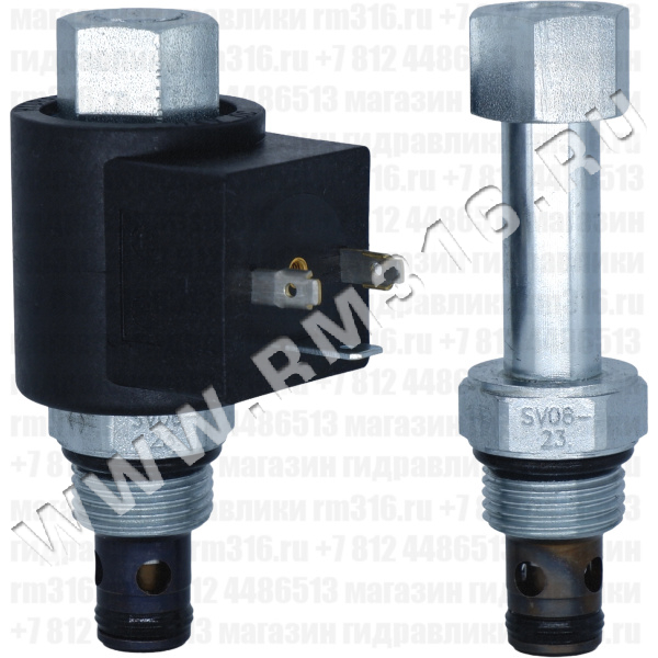 SV08-23-0-N-00 (5001009) Двухлинейный гидравлический клапан (гидроклапан) картриджного (ввертного) исполнения, с электромагнитным управлением, нормально открытый, тарельчатого типа с пилотным управлением, гнездо SAE8/2 (SAE 08), резьба 3/4-16 UNF-2A, 30 л/мин, 207 бар, дублирующее ручное управление (HydraForce, США)