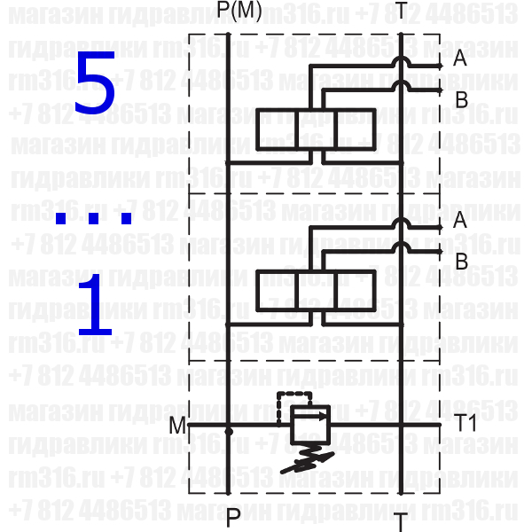 EM213/5X3F Плита (сталь) с предохранительным клапаном под 5 мест (гидрораспределителей) по стандарту CETOP 03 (Ду = 6 мм), настройка пружины 100-350 бар, регулировка шестигранником