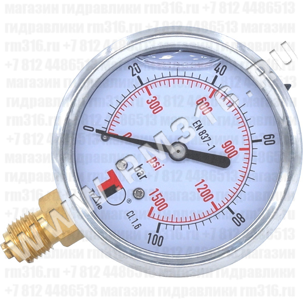 MFI6304100V Манометр гидравлический виброустойчивый (глицериновый), 0-100 бар, 0-1500 psi, диаметр 63 мм, резьба 1/4" BSP, радиальное присоединение (снизу), без первичной поверки (Dicsa / Trale, Испания) MFI6304100V