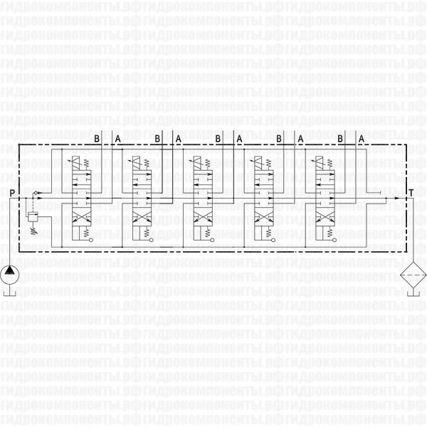 Q45/5 F1SR(250)-5X103/A1/D41-F3D-24V.DC, код 045050103036001 (Galtech, Италия) Гидрораспределитель моноблочный с электроуправлением 24 В и дублирующим ручным управлением, 5-ти секционный, номинальный расход 60 л/мин, с регулируемым предохранительным клапаном 201-380 бар (настройка на 250 бар) Q45/5 Galtech распределитель