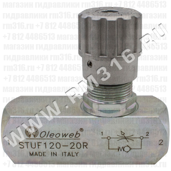 STUF120 Дроссель односторонний гидравлический (гидродроссель) с обратным клапаном 90°, 1/2" BSP, 50 л/мин, 400 бар, давление открытия 0,5 бар (Oleoweb, Италия)