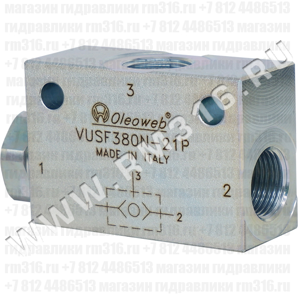 VUSF380N Клапан гидравлический (гидроклапан) приоритета по давлению (челночный клапан, клапан "или"), 3/8" BSP, 40 л/мин, 350 бар, сталь (Oleoweb, Италия)