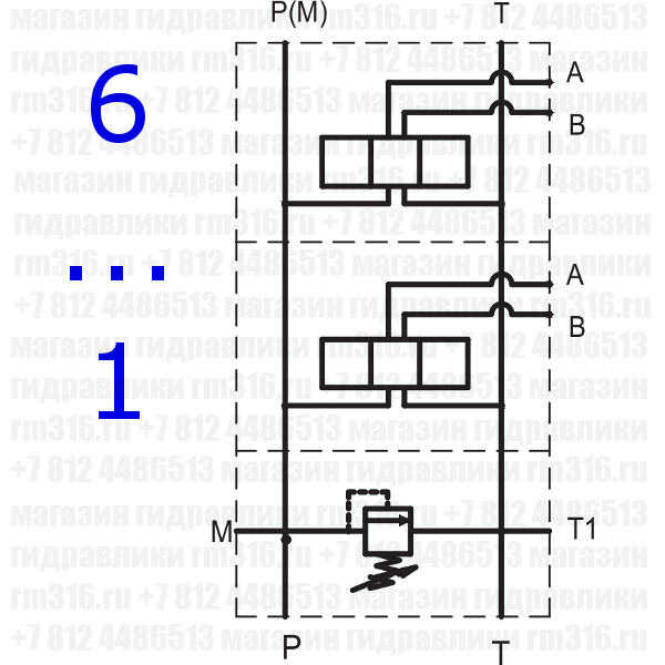 EM213/6X3F Плита (сталь) с предохранительным клапаном под 6 мест (гидрораспределителей) по стандарту CETOP 03 (Ду = 6 мм), настройка пружины 100-350 бар, регулировка шестигранником