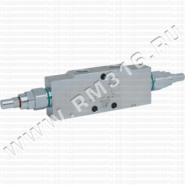 V0423 VBCD 1/2 DE-A CC Двухсторонний тормозной (уравновешивающий) клапан (сталь), 1/2" BSP, 60 л/мин, 350 бар, 1:4,5, трубный монтаж, предварительная настройка пружины 320 бар (Oleodinamica Marchesini, Италия)