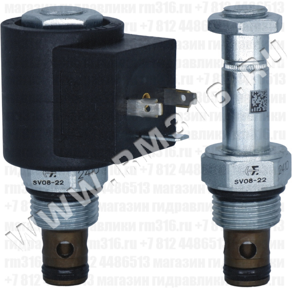SV08-22 SV08-22-0-N-00 (5000003) Двухлинейный гидравлический клапан (гидроклапан) картриджного (ввертного) исполнения, с электромагнитным управлением, нормально закрытый, тарельчатого типа с пилотным управлением, гнездо SAE8/2 (SAE 08), резьба 3/4-16 UNF-2A, 27 л/мин, 207 бар (HydraForce, США)