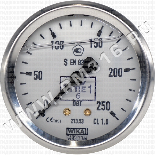213.53.063 (0-250 бар, осев.) Манометр WIKA с первичной поверкой гидравлический виброустойчивый (глицериновый), 0-250 бар, диаметр 63 мм, резьба 1/4" BSP, осевое (сзади) присоединение (WIKA, Германия) 213.53.063 (0-250 бар, осев.) Манометр виброустойчивый с первичной поверкой, осевое присоединение