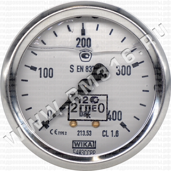 213.53.063 (0-400 бар, осев.) Манометр WIKA с первичной поверкой гидравлический виброустойчивый (глицериновый), 0-400 бар, диаметр 63 мм, резьба 1/4" BSP, осевое (сзади) присоединение (WIKA, Германия) 213.53.063 (0-400 бар, осев.) Манометр виброустойчивый с первичной поверкой, осевое присоединение