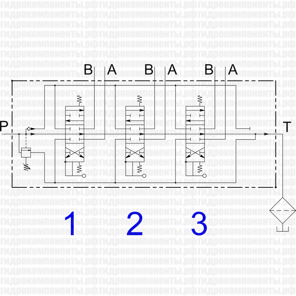 Q45/3 F1SR(250)-3X103/A1/M1-F3D, код 045030103001001 (Galtech, Италия) Гидрораспределитель Функциональная гидравлическая схема гидрораспределителя с тремя золотниками типа 103