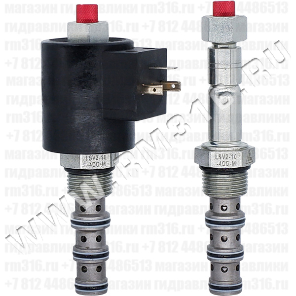 LSV2-10-4CO-M Четырехлинейный гидравлический клапан (гидроклапан) картриджного (ввертного) исполнения, с электромагнитным управлением, золотникового типа прямого действия, гнездо SAE10/4 (SAE 10), резьба 7/8-14 UNF-2A, 22,7 л/мин, 207 бар, дублирующее ручное управление (Keta Hydraulics, Китай)