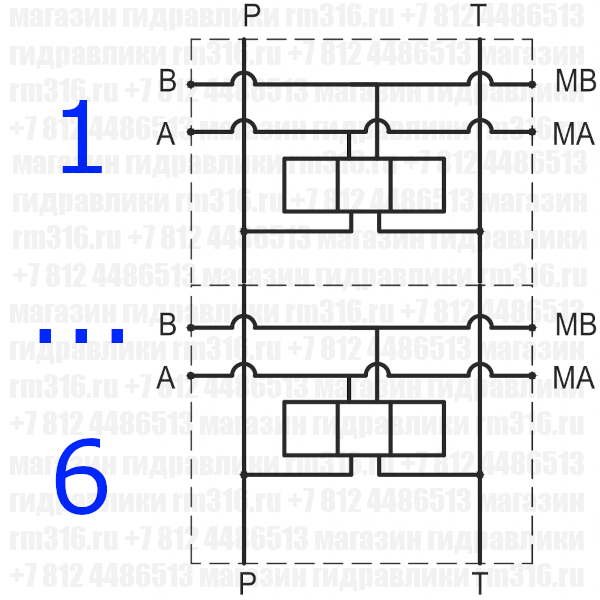 EM235/6YM Плита (сталь) под 6 мест (гидрораспределителей) по стандарту CETOP 05 (Ду=10 мм), с портами для подключения манометров (Eurofluid, Италия)