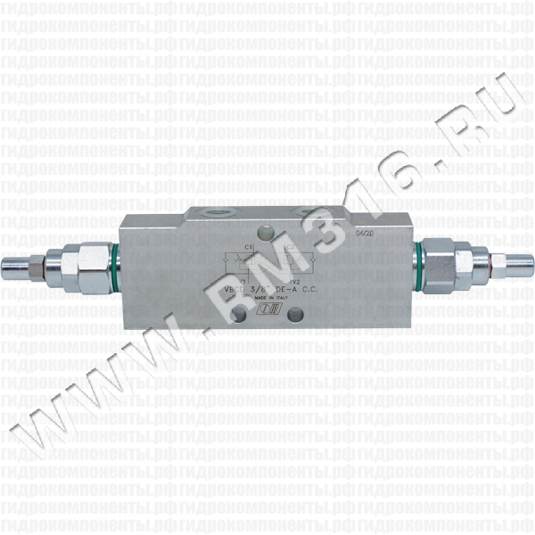  V0421 VBCD 3/8 DE-A CC Двухсторонний тормозной (уравновешивающий) клапан (сталь), 3/8" BSP, 40 л/мин, 350 бар, 1:4,5, трубный монтаж, предварительная настройка пружины 320 бар (Oleodinamica Marchesini, Италия)