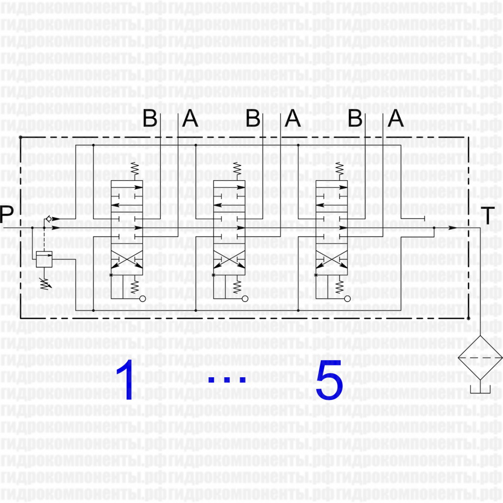 Функциональная гидравлическая схема гидрораспределителя Galtech с пятью золотниками типа 103