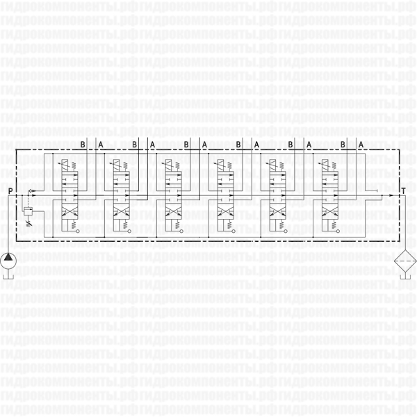 Q45/6 F1SR(250)-6X103/A1/D41-F3D-12V.DC (Galtech, Италия) Гидрораспределитель моноблочный с электроуправлением 12 В и дублирующим ручным управлением, 6-ти секционный, номинальный расход 60 л/мин, с регулируемым предохранительным клапаном 201-380 бар (настройка на 250 бар) Q45/6 Galtech распределитель