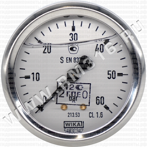 213.53.063 (0-60 бар, осев.) Манометр WIKA с первичной поверкой гидравлический виброустойчивый (глицериновый), 0-60 бар, диаметр 63 мм, резьба 1/4" BSP, осевое (сзади) присоединение (WIKA, Германия)