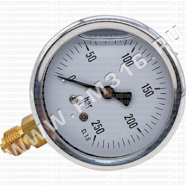 M635RL250 Манометр гидравлический виброустойчивый (глицериновый), 0-250 бар, диаметр 63 мм, резьба 1/4" BSP, радиальное присоединение (снизу), без первичной поверки (Italmanometri, Италия) MGR-250-BAR-A (M635RL250) Манометр виброустойчивый, радиальное присоединение