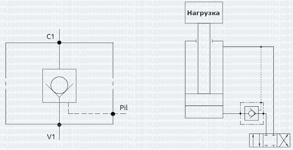 Одинарный обратный клапан с пилотным управлением (гидрозамок). Пример гидравлической схемы, применение в гидросистеме.