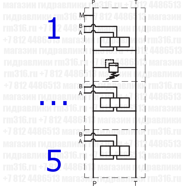 EM205/5X3F Плита (сталь) с предохранительным клапаном под 5 мест (гидрораспределителей) по стандарту CETOP 05 (Ду=10 мм), настройка пружины 80-250 бар, регулировка шестигранником