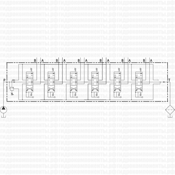 Q45/6 F1SR(250)-6X103/A1/M1-F3D, код 045060103001001(Galtech, Италия) Гидрораспределитель моноблочный с ручным управлением, 6-ти секционный, номинальный расход 60 л/мин, с регулируемым предохранительным клапаном 201-380 бар (настройка на 250 бар) Q45/6 Galtech распределитель