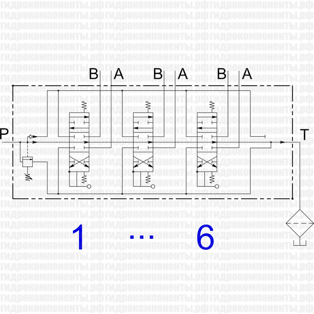 Функциональная гидравлическая схема гидрораспределителя Galtech с шестью золотниками типа 103