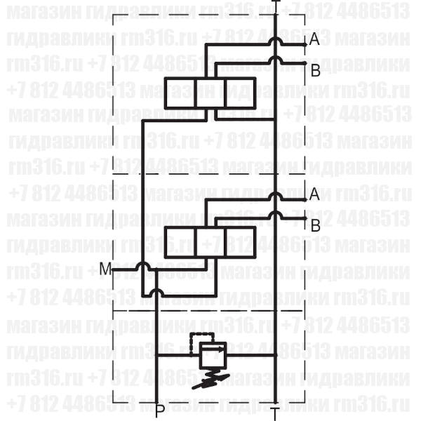 EMS105/2X3F Плита (сталь) с предохранительным клапаном под 2 места (гидрораспределителя) по стандарту CETOP 05 (Ду=10 мм), настройка пружины 80-250 бар, регулировка шестигранником, последовательное соединение