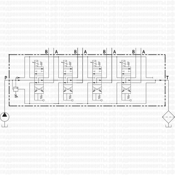 Q45/4 F1SR(250)-4х111A1/D41-F3D-12 V.DC, код 045040111053001 (Galtech, Италия) Гидрораспределитель моноблочный с электроуправлением 12 В и дублирующим ручным управлением, 4-х секционный, номинальный расход 60 л/мин, с регулируемым предохранительным клапаном 201-380 бар (настройка на 250 бар) Q45/4 Galtech гидрораспределитель