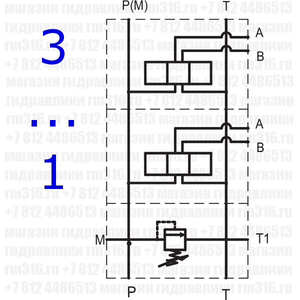 EM213/3X3F Плита (сталь) с предохранительным клапаном под 3 места (гидрораспределителя) по стандарту CETOP 03 (Ду = 6 мм), настройка пружины 100-350 бар, регулировка шестигранником