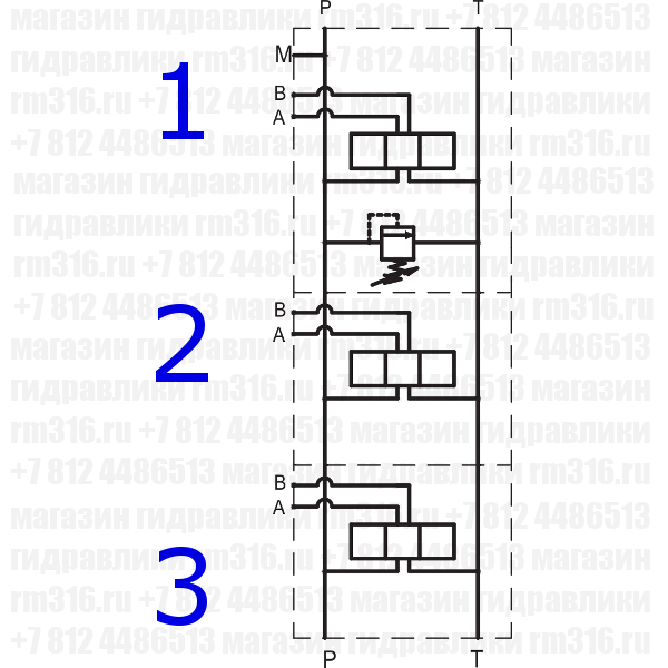 EM205/3X3F Плита (сталь) с предохранительным клапаном под 3 места (гидрораспределителя) по стандарту CETOP 05 (Ду=10 мм), настройка пружины 80-250 бар, регулировка шестигранником